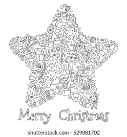 Pattern for coloring book. Christmas hand-drawn decorative elements in vector. 