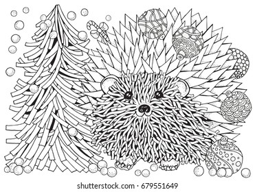 Pattern for coloring book with Christmas Tree, Prickly hedgehog with Xmas balls. Hand-drawn elements in vector. A4 size. Black and white.