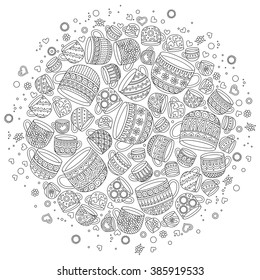 Pattern for coloring book with cups . Doodle, pattern, coffee or tea time.  Ethnic, floral, retro, doodle, vector, tribal design element. Black and white