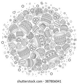 Pattern for coloring book with cups . Doodle, pattern, coffee or tea time.  Ethnic, floral, retro, doodle, vector, tribal design element. Black and white