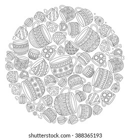 Pattern for coloring book with cups . Doodle, pattern, coffee or tea time.  Ethnic, floral, retro, doodle, vector, tribal design element. Black and white