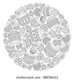 Pattern for coloring book with cups . Doodle, pattern, coffee or tea time.  Ethnic, floral, retro, doodle, vector, tribal design element. Black and white