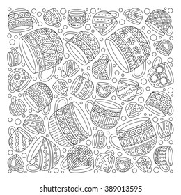 Pattern for coloring book with cups . Doodle, pattern, coffee or tea time.  Ethnic, floral, retro, doodle, vector, tribal design element. Black and white