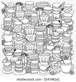 Pattern for coloring book with cups and mugs. Doodle, pattern, coffee or tea time, cupcake, cups, candy, lollipops.  Ethnic, floral, retro, doodle, vector, tribal design element. Black and white 