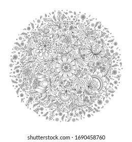 Pattern for coloring book. Ethnic, floral,  doodle, tribal design element. Black and white doodle vector background. Henna paisley mehndi doodles design tribal design element