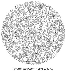 Pattern for coloring book. Ethnic, floral,  doodle, tribal design element. Black and white doodle vector background. Henna paisley mehndi doodles design tribal design element