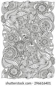 Pattern for coloring book.  Ethnic, floral, retro, doodle, vector, tribal design element. Black and white  background.