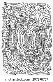 Pattern for coloring book.  Ethnic, floral, retro, doodle, vector, tribal design element. Black and white  background.