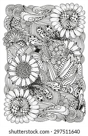 Pattern for coloring book.  Ethnic, floral, retro, doodle, vector, tribal design element. Black and white  background.