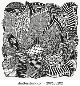 Pattern for coloring book.  Ethnic, floral, retro, doodle, vector, tribal design element. Black and white  background. 