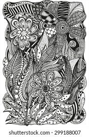 Pattern for coloring book.  Ethnic, floral, retro, doodle, vector, tribal design element. Black and white  background.