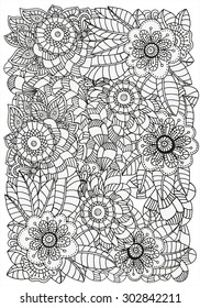 Pattern for coloring book.  Ethnic, floral, retro, doodle, vector, tribal design element. Black and white  background. A4 size