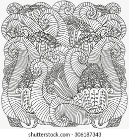 Pattern for coloring book.  Ethnic, floral, retro, doodle, vector, tribal design element. Black and white  background.