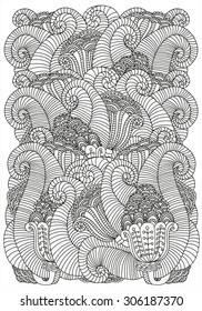 Pattern for coloring book.  Ethnic, floral, retro, doodle, vector, tribal design element. Black and white  background. A4 size.