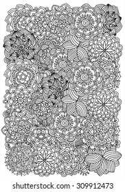 Pattern for coloring book.  Ethnic, floral, retro, doodle, vector, tribal design element. Black and white  background. A4 size.