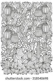 Pattern for coloring book.  Ethnic, floral, retro, doodle, vector, tribal design element. Black and white  background. A4 size.