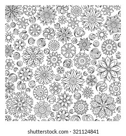 Pattern for coloring book. Ethnic, floral, retro, doodle, vector, tribal design element. Black and white background. Doodle vector background. Henna paisley mehndi doodles design tribal design element