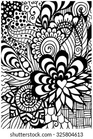 Pattern for coloring book. Ethnic, floral, retro, doodle, vector, tribal design element. Black and white background.