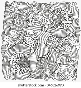 Pattern for coloring book.  Ethnic, floral, retro, doodle, vector, tribal design element. Black and white  background.