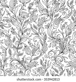 Pattern for coloring book. Ethnic, floral, retro, doodle, vector, tribal design element. Black and white background. Doodle vector background. Henna paisley mehndi doodles design tribal design element