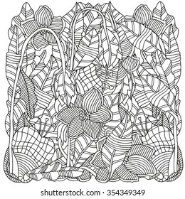 Pattern for coloring book.  Ethnic, floral, retro, doodle, vector, tribal design element. Black and white  background.