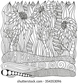Pattern for coloring book. Ethnic, floral, retro, doodle, vector, tribal, zentangle design elements. Black and white  background.