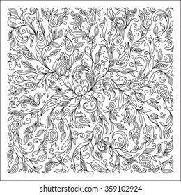 Pattern for coloring book. Ethnic, floral, retro, doodle, vector, tribal design element. Black and white background. Doodle vector background. Henna paisley mehndi doodles design tribal design element