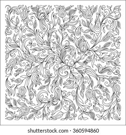 Pattern for coloring book. Ethnic, floral, retro, doodle, vector, tribal design element. Black and white background. Doodle vector background. Henna paisley mehndi doodles design tribal design element