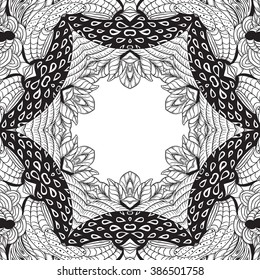 Pattern for coloring book. Ethnic, floral, retro, doodle, vector, tribal design element. Black and white background. Doodle vector background. Abstract decorative vector frame. greeting card design 