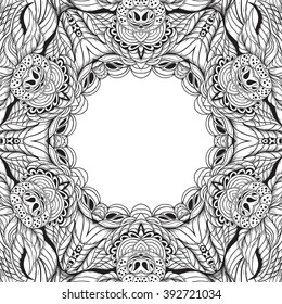 Pattern for coloring book. Ethnic, floral, retro, doodle, vector, tribal design element. Black and white background. Doodle vector background. Abstract decorative vector frame. greeting card design