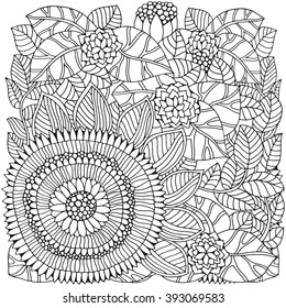 Pattern for coloring book.  Ethnic, floral, retro, doodle, vector, tribal design element. Black and white  background.