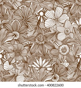 Pattern for coloring book. Ethnic, floral, retro, doodle, vector, tribal design element. Brown and white background.