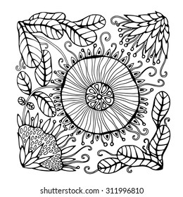 Pattern for coloring book with exotic flowers. Ethnic, tribal design element art nouveau. Black and white background for postcard, invitation. 