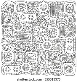 Pattern for coloring book with flovers and abstract figures.  Ethnic, floral, retro, doodle, vector, tribal design element. Black and white  background.