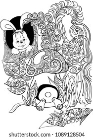 Pattern for coloring book. Hand drawn. Adults. Black and white. Forest, mushroom, animal, house, bunny. Vector illustration in zentangle style. Art therapy.