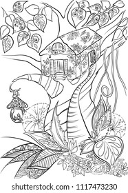 Pattern for coloring book. Hand drawn. Adults. Black and white. Forest, tree, animal, leaf, house.  Vector illustration. 
art therapy.