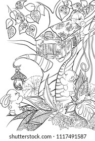 Pattern for coloring book. Hand drawn. Adults. Child. Black and white. Forest, tree, animal, leaf, house.  Vector illustration. 
Art therapy.