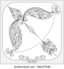 Pattern for coloring book. Hand drawn  line flowers art of zodiac Sagittarius. Horoscope symbol for your use. For tattoo art, coloring books set. Henna Mehndi Tattoo Ethnic Zentangle  Doodles style. 