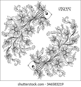  Patrón para el libro de colorear. Flores dibujadas a mano arte de zodiac Pisces. Símbolo de horóscopo para su uso. Para el arte del tatuaje, colorido libros. Estilo de los Doodles de la etnia Zentangle Tattoo de Henna Mehndi.