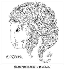 Pattern for coloring book. Hand drawn line flowers art of zodiac Capricornus. Horoscope symbol for your use. For tattoo art, coloring books set. Henna Mehndi Tattoo Ethnic Zentangle Doodles style.