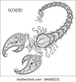 Pattern for coloring book. Hand drawn line flowers art of zodiac Scorpio. Horoscope symbol for your use. For tattoo art, coloring books set. Henna Mehndi Tattoo Ethnic Zentangle Doodles style.