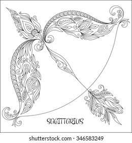 Pattern for coloring book. Hand drawn line flowers art of zodiac Sagittarius. Horoscope symbol for your use. For tattoo art, coloring books set. Henna Mehndi Tattoo Ethnic Zentangle Doodles style.