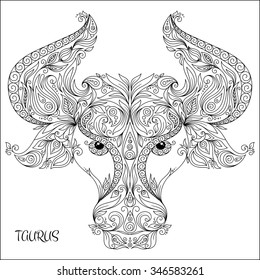  Patrón para el libro de colorear. Flores dibujadas a mano arte de zodiaco Taurus. Símbolo de horóscopo para su uso. Para el arte del tatuaje, colorido libros. Estilo de los Doodles de la etnia Zentangle Tattoo de Henna Mehndi.