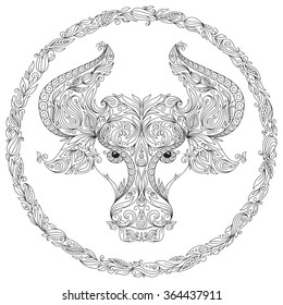 Pattern for coloring book. Hand drawn line flowers art of zodiac Taurus. Horoscope symbol for your use. For tattoo art, coloring books set. Henna Mehndi Tattoo Ethnic Zentangle Doodles style.