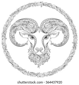 Pattern for coloring book. Hand drawn line flowers art of zodiac Aries. Horoscope symbol for your use. For tattoo art, coloring books set. Henna Mehndi Tattoo Ethnic Zentangle Doodles style.