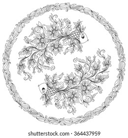 Pattern for coloring book. Hand drawn line flowers art of zodiac Pisces. Horoscope symbol for your use. For tattoo art, coloring books set. Henna Mehndi Tattoo Ethnic Zentangle Doodles style.