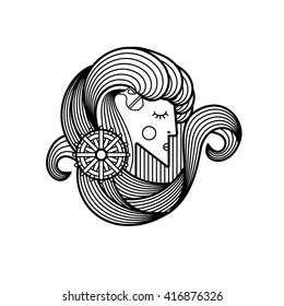 Pattern for coloring book. Hand drawn line art of zodiac Aquarius. Beautiful girl with long hair. Black and White Cartoon Illustration of The Water Bearer Horoscope Zodiac Sign.