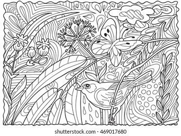 Pattern for coloring book. . Hand drawn. Adults. Black and white. Floral,   doodle, vector, zentangle, forest, bird, leaves, nature, butterfly.