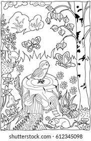 Pattern for coloring book. . Hand drawn. Adults. Black and white. Floral,   doodle, vector, zentangle, forest, bird, leaves, nature, butterfly, mushroom.