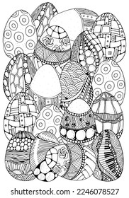 Patrón para el libro de colorear. Elementos decorativos dibujados a mano en vector. Huevos de Pascua. Patrón blanco y negro.  Hecho por trazas de sketch. Zentángulo